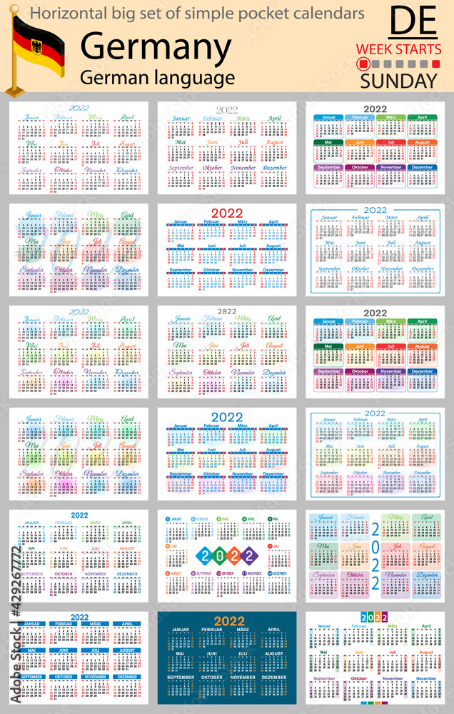 German horizontal pocket calendars for 2022. Week starts Sunday German horizontal pocket calendars for 2022. Week starts Sunday