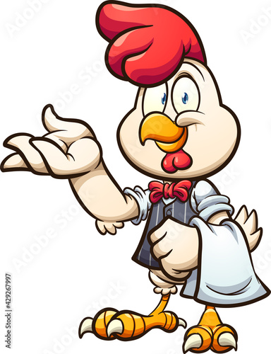 Cartoon waiter chicken with vest and bow tie. Vector clip art illustration with simple gradients. All on a single layer. 