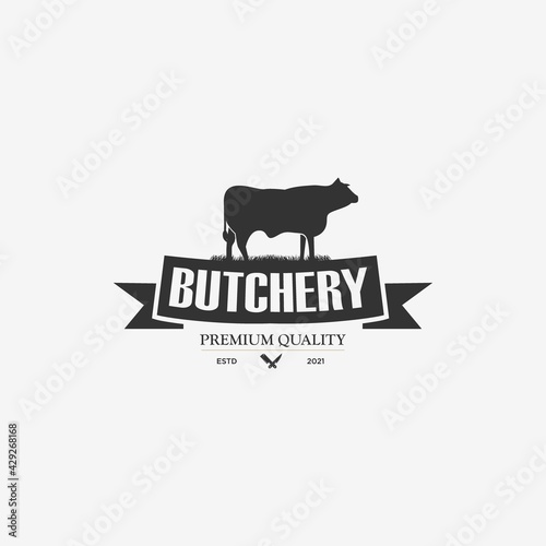 vintage beef meat shop logo for menu design restaurant, farm, agricultural or fast food stock vector illustration