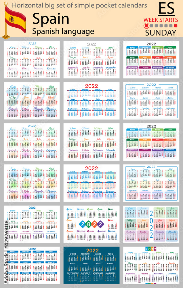Spanish horizontal pocket calendars for 2022. Week starts Sunday