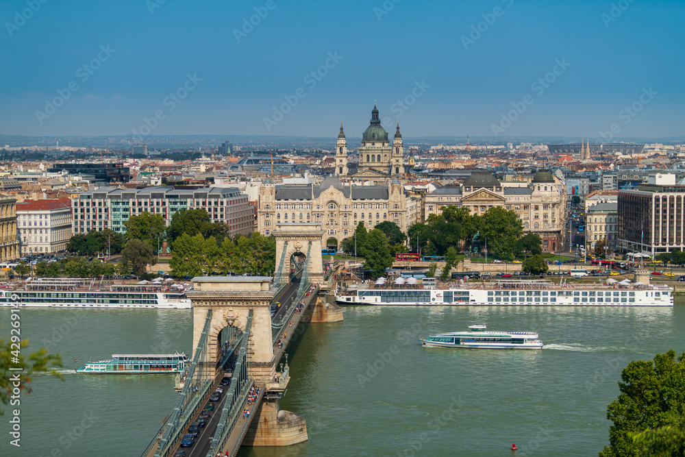 The chain bridge and Danube river seen from above Budapest, Hungary