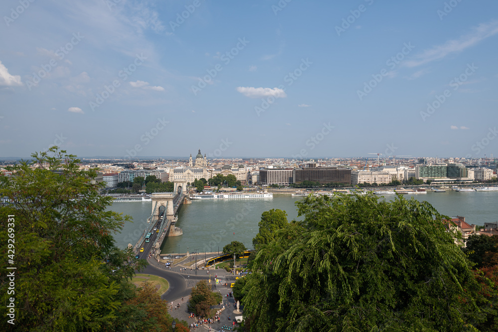 The chain bridge and Danube river seen from above Budapest, Hungary