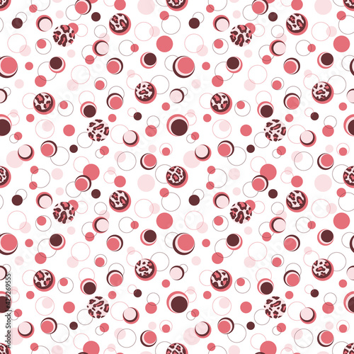 Seamles pattern with hand drawn leopard skin circles in pink and bourdeaux. Can be used for fashion graphics, T-shirt prints, pajamas, fabrics, posters, covers, wrapping, banners, backdrops, flyers.