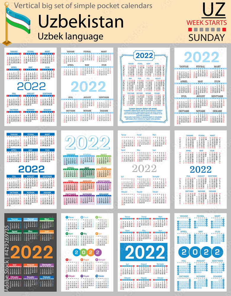 Uzbek vertical pocket calendars for 2022. Week starts Sunday Uzbek vertical pocket calendars for 2022. Week starts Sunday