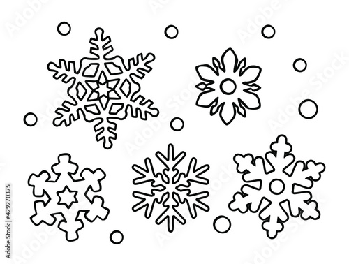 Snowflakes.Snowy weather.Snowfall.Winter.Let it snow icon.Black Vector Cartoon Silhouette Outline Line Art Drawing Illustration.Plotter cutting.Vinyl wall sticker.Laser cut.Coloring pages for kids.DIY