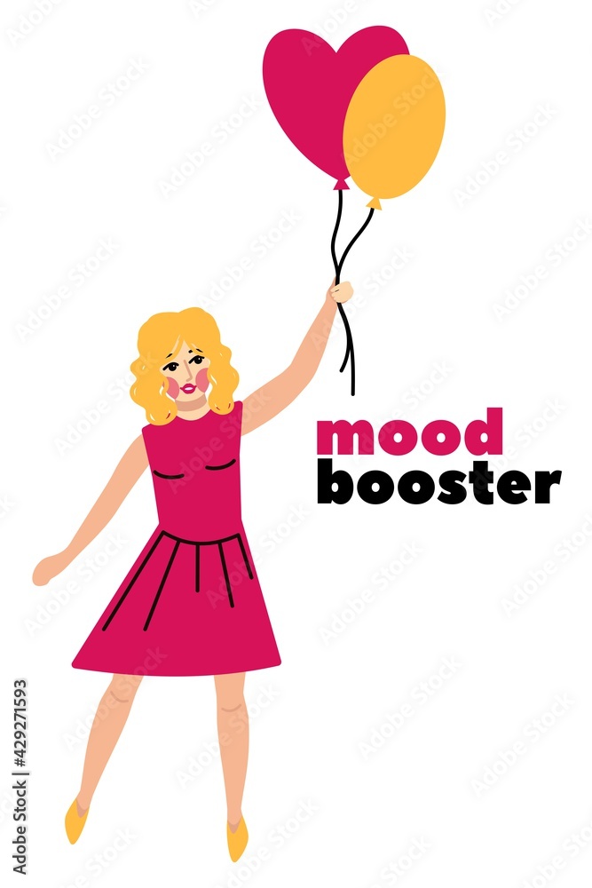 A cute girl in a pink bright dress raises balloons into the sky. greeting card, compliment, surprise with the inscription A cute girl in a pink bright dress raises balloons into the sky. greeting card, compliment, surprise with the inscription