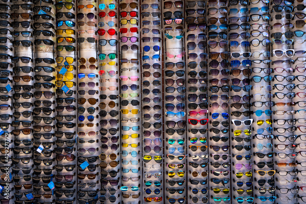 Batumi, Georgia - April 20, 2021: Sunglasses on the market Batumi, Georgia - April 20, 2021: Sunglasses on the market