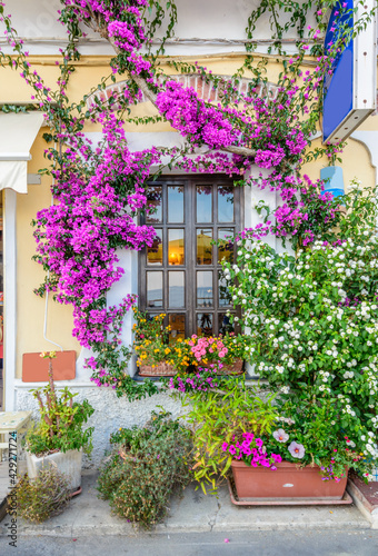 Nice window at an apartment building in Monterosso  Italy. Residential outdoor landscape.