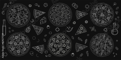 Pizza background - pizza slice and ingredients on black - white sketch on chalkboard - vector elements for pizzeria wall and menu design