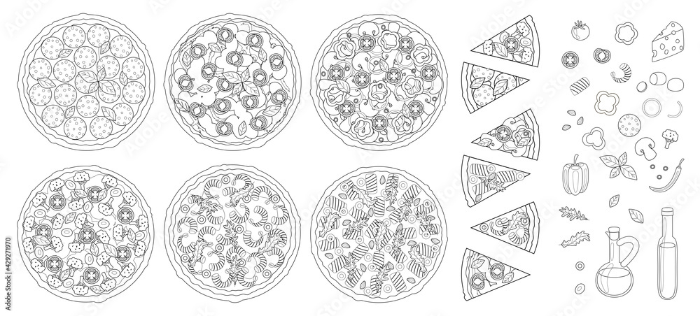 Pizza set - pizza slice, ingredients isolated on white - pepperoni, margarita, vegetable with broccoli, mushroom champignon, seafood with shrimps and salmon - vector elements for Pizza recipe design