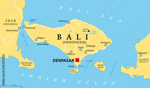 Bali political map, with capital Denpasar. A province and island of Indonesia, westernmost of Lesser Sunda Islands, east of Java, west of Lombok. The only Hindu-majority province in Indonesia. Vector. photo