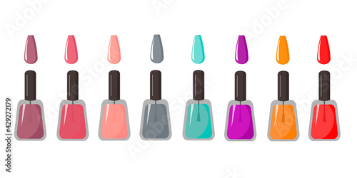 Set with multi-colored bottles of nail polish. Manicure illustration. For logos, flyers, icons, various designs. Vector illustration isolated on white background.