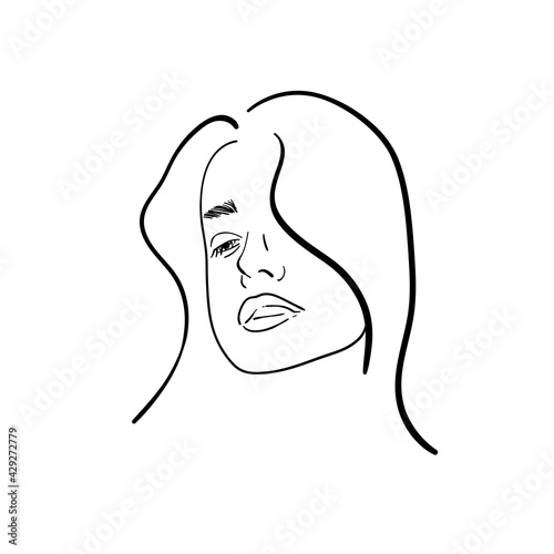 Abstract feminine linear woman face portrait, continuous line hand drawing of a girl vector