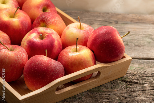 Ripe garden apple fruits in basket in wooden tray on wooden table