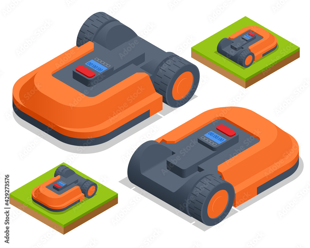 Isometric Robotic lawn mower on grass, trimmer robot Isometric Robotic lawn mower on grass, trimmer robot