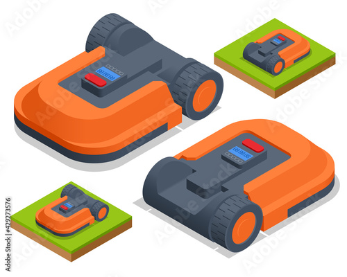 Isometric Robotic lawn mower on grass, trimmer robot