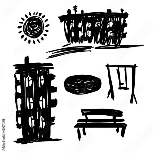 Isolated vector black and white set of sketch silhouettes of city buildings, swings, bench and sun