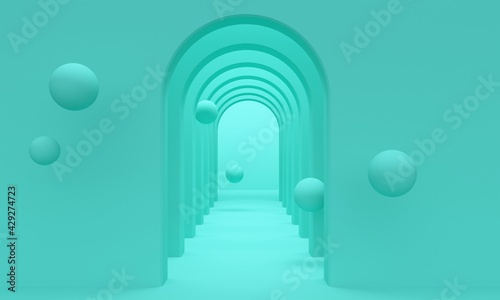 Fototapeta Naklejka Na Ścianę i Meble -  Blue corridor of arches and spheres. 3d rendering