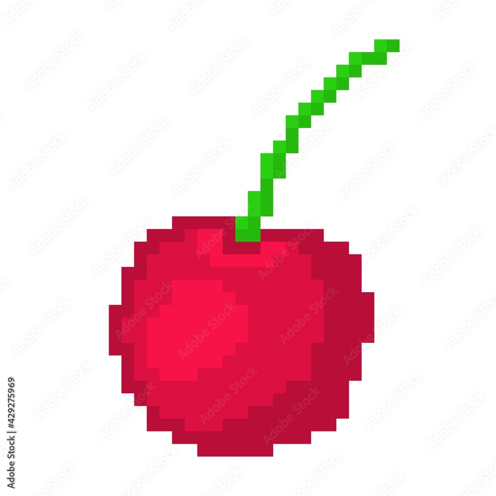 Ripe pixel cherry icon. Red berry with sour spicy taste green tail fresh natural vitamin for juice and decorating vector dessert.