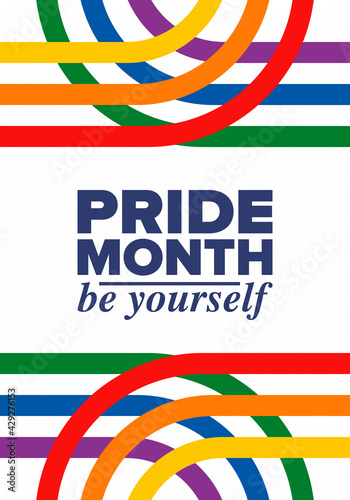 LGBTQIA Pride Month in June. Lesbian Gay Bisexual Transgender. Celebrated annual. LGBT flag. Rainbow love concept. Human rights and tolerance. Poster, card, banner and background. Vector illustration