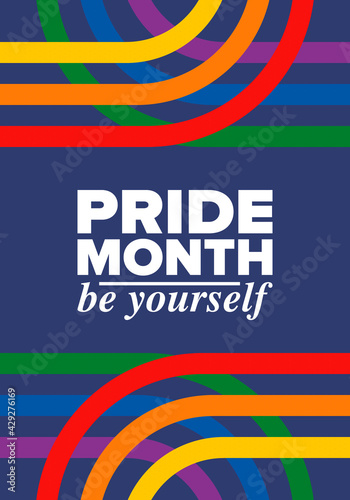 LGBTQIA Pride Month in June. Lesbian Gay Bisexual Transgender. Celebrated annual. LGBT flag. Rainbow love concept. Human rights and tolerance. Poster, card, banner and background. Vector illustration