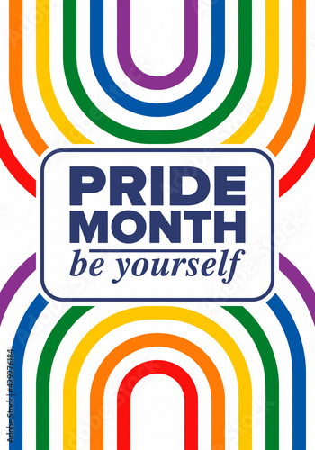 LGBTQIA Pride Month in June. Lesbian Gay Bisexual Transgender. Celebrated annual. LGBT flag. Rainbow love concept. Human rights and tolerance. Poster, card, banner and background. Vector illustration