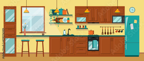 Kitchen interior design with furniture. brown cooking room with table, cupboard, stove and microwave vector illustration in flat style.Culinary decorations.Household objects and cooking utensils.