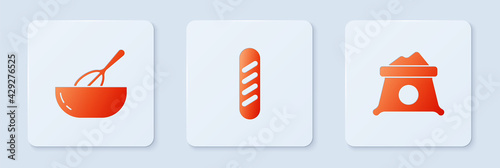 Set French baguette bread, Kitchen whisk and bowl and Bag of flour. White square button. Vector