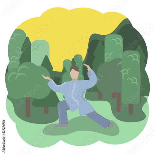 Man is training Tai Chi in a blue suit. Training in the forest, outdoors, training in the mountains.  Vector illustration of a sporty man. Qigong. Oriental martial arts. Isolated on white background.