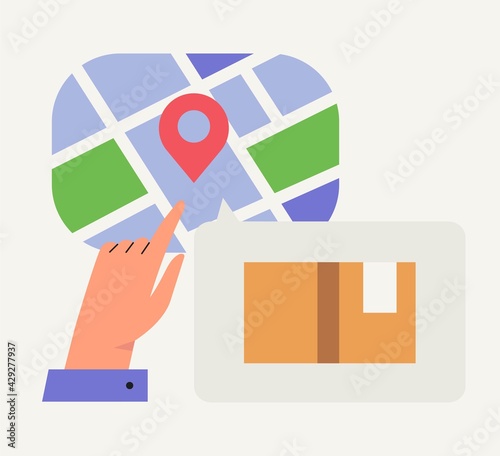 Online delivery service concept. Perfect for landing page, website, banner, application, poster. Order confirmation. Delivery tracking mobile application. person confirm shipping adress on a map.