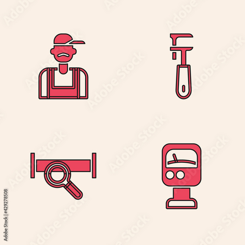 Set Pressure water meter, Plumber, Pipe adjustable wrench and Industry metallic pipe icon. Vector