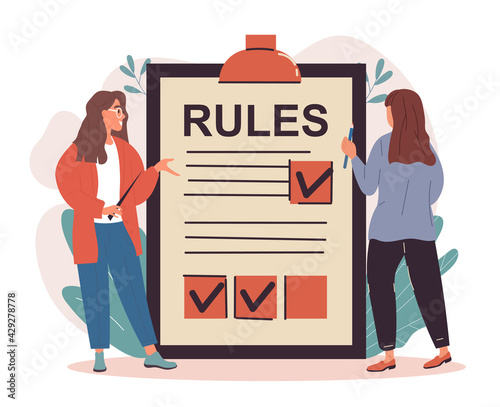 Two female characters are making a list of rules on clipboard