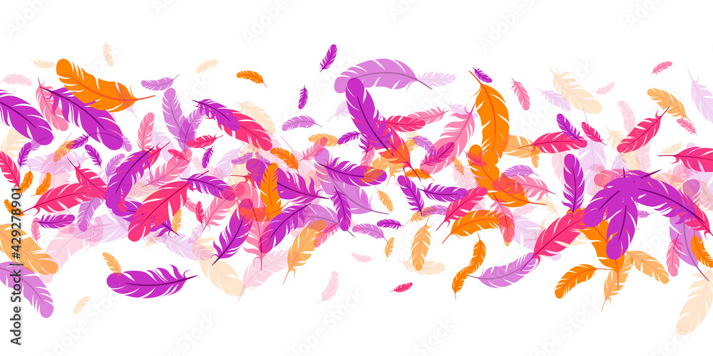 Fototapeta premium Orange purple pink red feather floating background