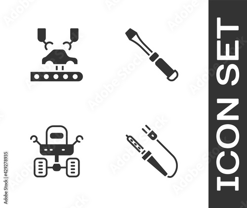 Set Soldering iron, Robotic robot arm factory, Mars rover and Screwdriver icon. Vector