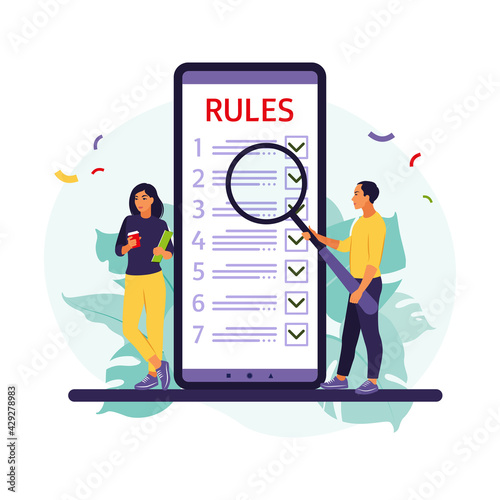 People studying list of rules, making checklist, reading guidance. Vector illustration. Flat style