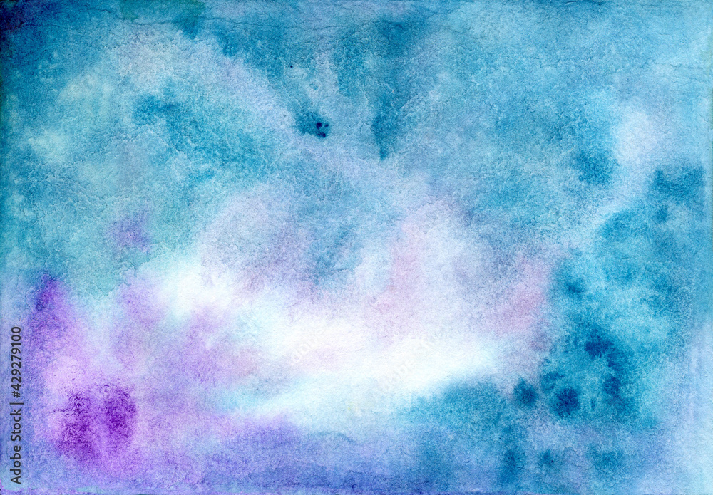 Abstract watercolor hand drawn background  with blue and violet staines