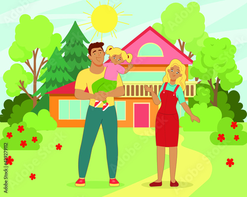Dad holds his daughter next to them, mom against the backdrop of a beautiful house and garden. A happy family. Vector illustration in cartoon style,page for children 