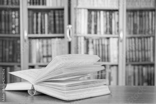 There is a book in the background of a bookcase.