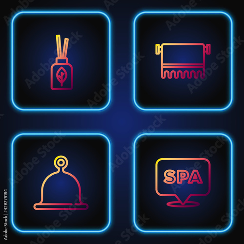 Set line Spa salon, Sauna hat, Aroma diffuser and Towel hanger. Gradient color icons. Vector