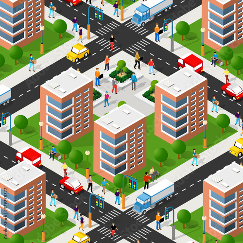 Lifestyle scene urban Isometric 3D illustration of a city block