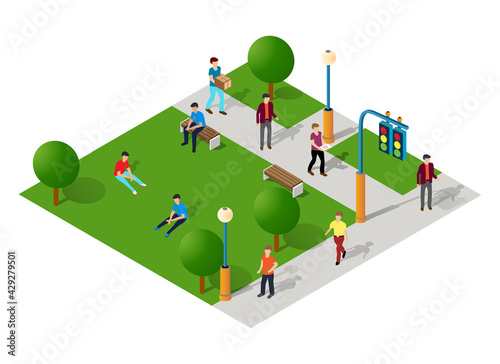 City park with trees and people walking vacationers