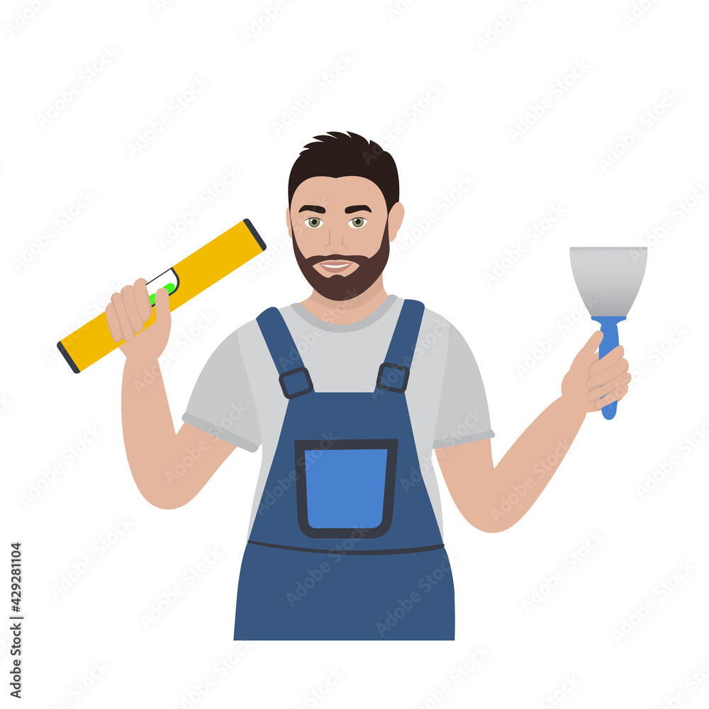 Home repair. Construction Worker character vector design. Handyman. Professional worker. House renovation process. Isolated vector illustration in cartoon style