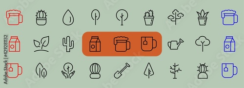 A set of Rosteniya Icons, and garden care, Vector illustration, Contains Icons such as tree, cactus, watering can, spade, flower and much more. on a white background, editable bar 480x480
