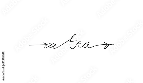 Continuous line drawing text with an arrow - tea. Sign showing direction. Minimalist vector lettering isolated on white background for banner, poster, and t-shirt, signpost, menu.