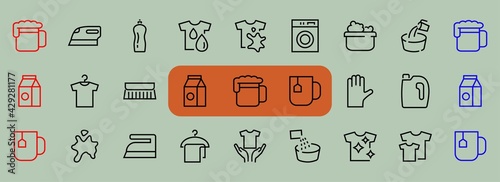 Simple set of washing related vector line Icons. Contains icons such as washing machine, powder, laundry, dirty t-shirt and much more. On a white background, editable stroke. 48x48 pixels perfect