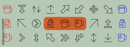 Set of line arrows, directions, arrows, contains icons such as pause, continuation, directly, to the right, Editable stroke. 480x480, On a white background, Vector illustration
