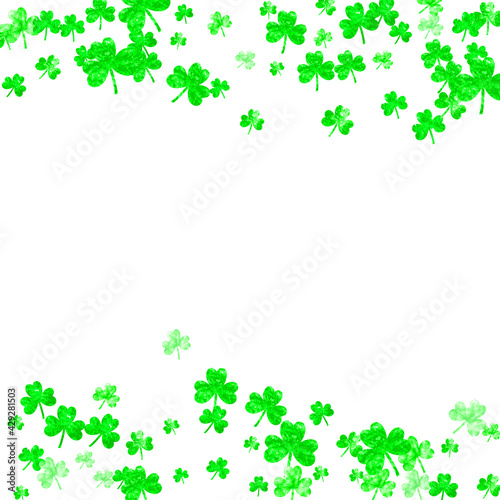 Clover background for Saint Patricks Day. Lucky trefoil confetti. Glitter frame of shamrock leaves. Template for special business offer, banner, flyer. Irish clover background.
