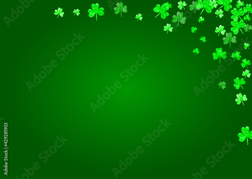 Shamrock background for Saint Patricks Day. Lucky trefoil confetti. Glitter frame of clover leaves. Template for party invite, retail offer and ad. Greeting shamrock background.