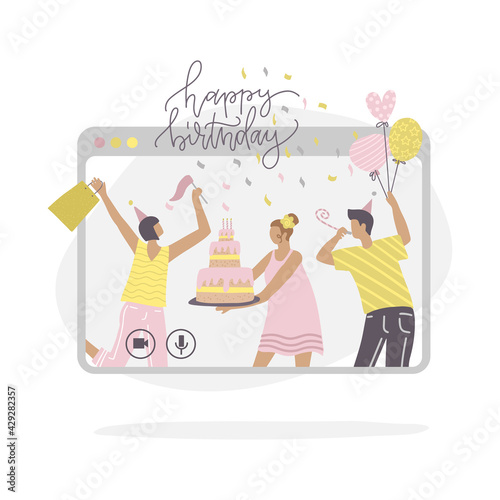 Young people characters celebrating birthday online, self isolation or remote party. Friends having fun in abstract screen. Flat vector illustration with lettering. Holiday banner.