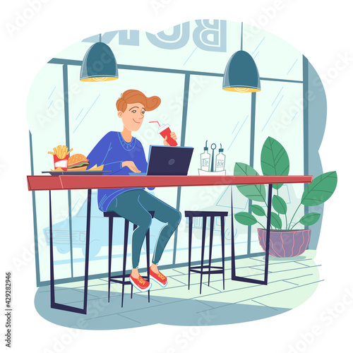 Freelance man working remotely use laptop at comfortable workplace in cafe. Self employed person at interior Isolated on white